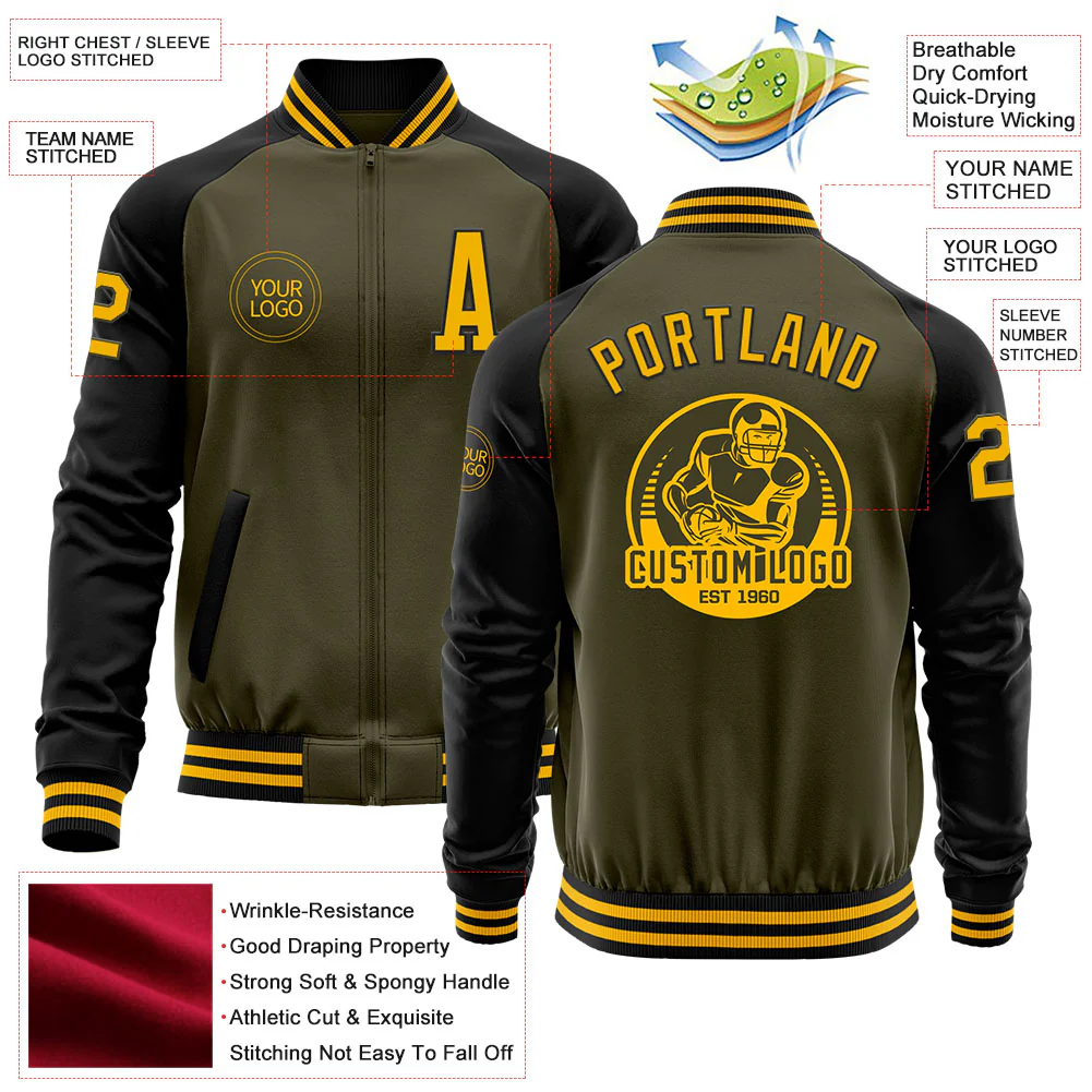 Custom Olive Gold-Black Bomber Varsity Letterman Two Tone Salute To Service Zipper Jacket - Image 4