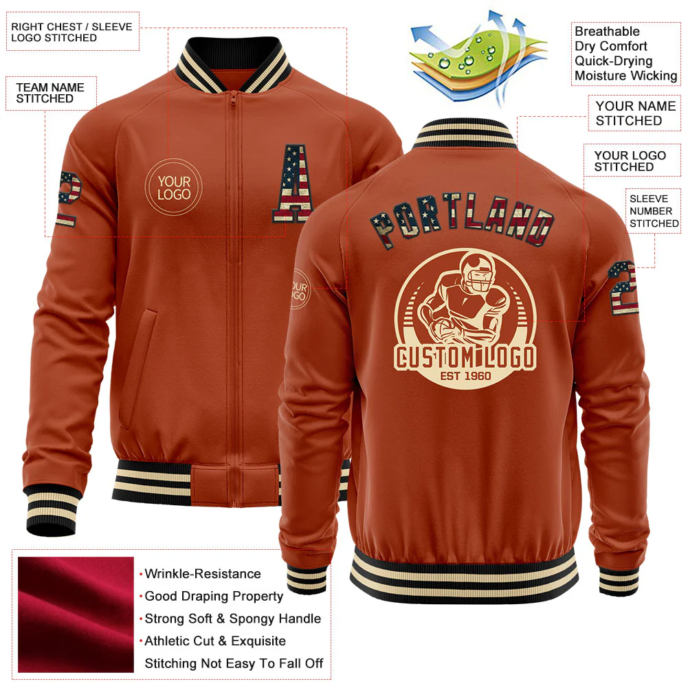 Custom Texas Orange Vintage USA Flag Black-Cream Bomber Varsity Letterman Zipper Jacket - Image 4